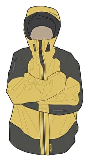 Digital illustration of man wearing waterproof jacket with hands in armpits for warmth Digital illustration of man wearing waterproof jacket with hands in armpits for warmth