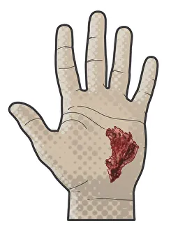 Digital illustration of rough tear on palm of hand Digital illustration of rough tear on palm of hand