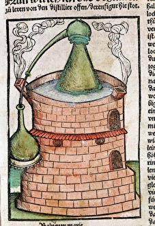 Distillation: Still in water bath (bain-marie), showing an Alembic. From Braunschweig Distillation: Still in water bath (bain-marie), showing an Alembic. From Braunschweig