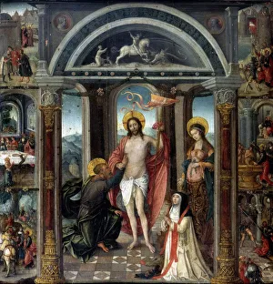 Doubting Thomas putting hand into Christ's wounds (centre). On left are scenes Doubting Thomas putting hand into Christ's wounds (centre). On left are scenes