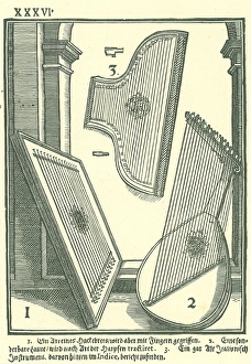 Early Italian stringed instruments. 1: A kind of Hackbret, 2: Lute-shaped instrument Early Italian stringed instruments. 1: A kind of Hackbret, 2: Lute-shaped instrument
