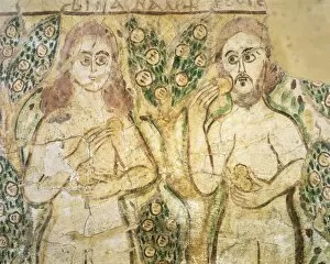 Egypt, Fayum, Adam and Eve in Paradise eating apple, mural