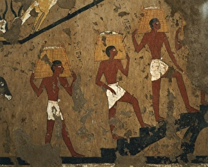 Egypt, Gebelein, Decorative detail of transport of the grain bags on workers backs, from Ini tomb Egypt, Gebelein, Decorative detail of transport of the grain bags on workers backs, from Ini tomb