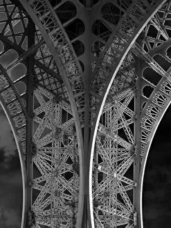 The Eiffel Tower: detail and sky bw