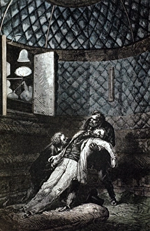Emergency in the padded interior of the space capsule. From Jules Verne Autour de la Lune Emergency in the padded interior of the space capsule. From Jules Verne Autour de la Lune