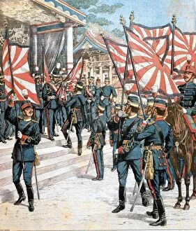 Emperor of Japan presenting colors to regiments