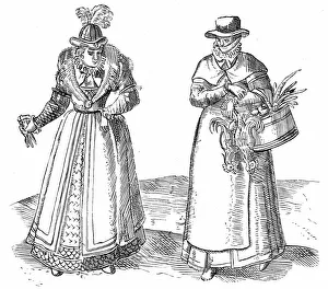 English countrywoman carrying basket of chickens and wearing apron over plain clothes English countrywoman carrying basket of chickens and wearing apron over plain clothes