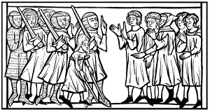 Envoys of Sultan, old merchant on crutches acting as interpreter, discussing ransoms Envoys of Sultan, old merchant on crutches acting as interpreter, discussing ransoms