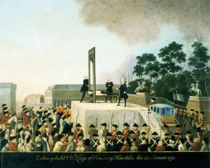 Execution by guillotine of Louis XVI of France, 21 January 1793. Louis lying bound Execution by guillotine of Louis XVI of France, 21 January 1793. Louis lying bound