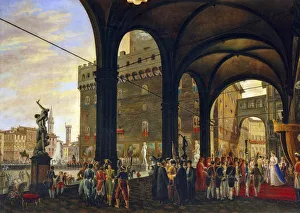 The Feast of gifts in Piazza della Signoria in Florence under Loggia dei Lanzi building with Palazzo Vecchio in background The Feast of gifts in Piazza della Signoria in Florence under Loggia dei Lanzi building with Palazzo Vecchio in background
