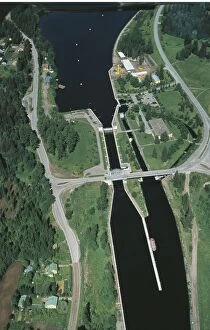 Finland, Lake Saimaa, Aerial view of Saimaa Canal that links Finland and Russia
