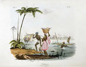 Fishermen using canoes and nets in a river. Man carries catch on pole and woman balances Fishermen using canoes and nets in a river. Man carries catch on pole and woman balances