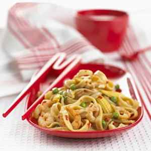 Flat noodle stir fry, close up