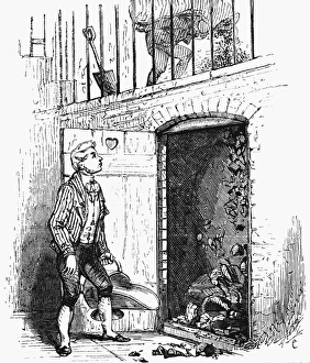Footman collecting a scuttle of coal from the cellar under the pavement at the very Footman collecting a scuttle of coal from the cellar under the pavement at the very
