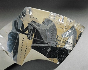 Fragment of Kantharos depicting Achilles before his horses, whose manes were able to predict future Fragment of Kantharos depicting Achilles before his horses, whose manes were able to predict future