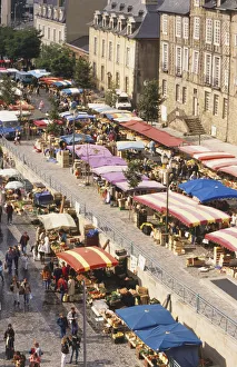 France, Britanny, Place des Lices in Rennes, street lined with colourfully canopied market stalls, elevated view France, Britanny, Place des Lices in Rennes, street lined with colourfully canopied market stalls, elevated view