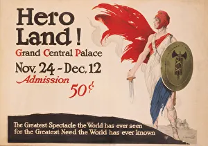 <b class=qtipBold><figcaption>French Hero Land Poster</figcaption></b><br>New York, New York: 1917 A French lithograph poster of Marianne, the national emblem of France, wearing a Phrygian cap and holding a shield and sword to advertise the Hero Land benefit for the troops at the Grand Central Palace.<br><em>© Underwood Archives/UIG</em> French Hero Land Poster