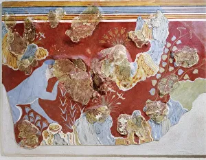 Fresco depicting light blue monkey picking saffron flowers in garden of Palace of Knossos Fresco depicting light blue monkey picking saffron flowers in garden of Palace of Knossos