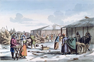 Frozen Food Market', 1821. 'Russian Manners and Customs'. Coloured lithograph Frozen Food Market', 1821. 'Russian Manners and Customs'. Coloured lithograph