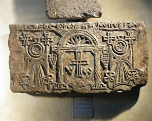 Funerary stele with Greek inscription, cross with Alpha and Omega symbols Funerary stele with Greek inscription, cross with Alpha and Omega symbols