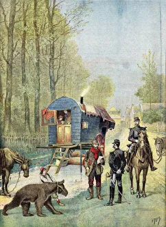 Gendarmes taking census forms to encampment of itinerant gipsies in their caravan Gendarmes taking census forms to encampment of itinerant gipsies in their caravan