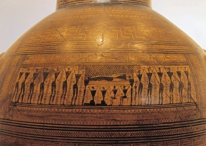 Geometric-style amphora depicting prothesis scene, exposure and lamentation of dead, by Dipylon Master Geometric-style amphora depicting prothesis scene, exposure and lamentation of dead, by Dipylon Master