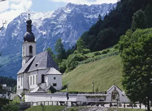Germany, Bavaria, Berchtesgadener Land region, Ramsau an der Ache, small parish church set in the Ramsau Valley with