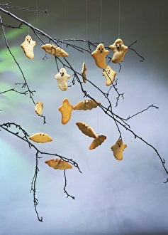 Ghost and bat shape biscuits hanging on threads, twigs in background Ghost and bat shape biscuits hanging on threads, twigs in background