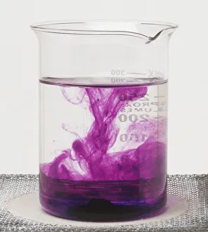 Glass beaker containing potassium manganate shows the solid dissolving to form a solution Glass beaker containing potassium manganate shows the solid dissolving to form a solution