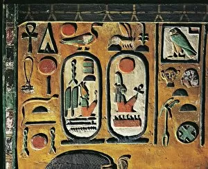 Goddess Hathor offers her necklace to the Pharaoh. Painted relief from a pillar of the tomb of Seth I at Thebes, detail