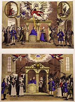 The Good Confession (top) presided over by Christ in heaven. Man chained to devil The Good Confession (top) presided over by Christ in heaven. Man chained to devil
