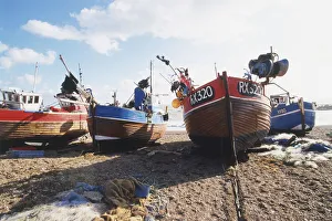 Great Britain, England, Hastings, fishing boats moored on beach, front view Great Britain, England, Hastings, fishing boats moored on beach, front view