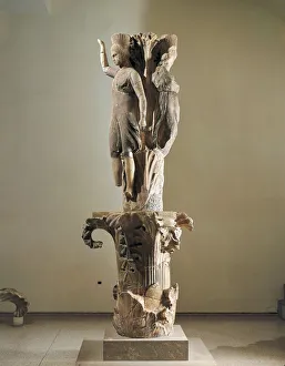 Greece, Delphi, Sculpture depicting three dancing girls on acanthus leaf column Greece, Delphi, Sculpture depicting three dancing girls on acanthus leaf column
