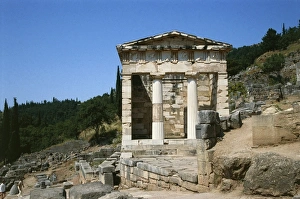 Greece, Delphi Temple of Apollo, Athenian Treasury, reconstruction with original material Greece, Delphi Temple of Apollo, Athenian Treasury, reconstruction with original material