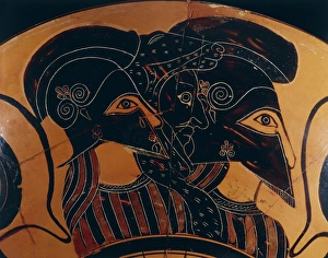 Detail of Greek black-figure vase depicting three warriors with helmets Detail of Greek black-figure vase depicting three warriors with helmets