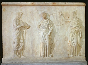 Greek civilization, relief depicting three Muses, attributed to School of Praxiteles, from Mantineia, Greece Greek civilization, relief depicting three Muses, attributed to School of Praxiteles, from Mantineia, Greece