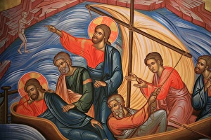 Greek orthodox icon depicting Jesus (shown twice) and his apostles on Lake Tiberias Greek orthodox icon depicting Jesus (shown twice) and his apostles on Lake Tiberias