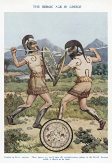 Greek warriors in hand-to-hand combat. Early 20th century illustration based on an Greek warriors in hand-to-hand combat. Early 20th century illustration based on an