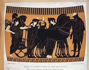 Heracles led to Olympus by Athena, drawing from amphora, black-figure pottery, from Vulci, illustration Heracles led to Olympus by Athena, drawing from amphora, black-figure pottery, from Vulci, illustration