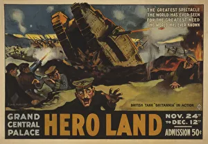 <b class=qtipBold><figcaption>Hero Land Poster</figcaption></b><br>New York, New York: 1917 A lithograph poster of the British tank 'Britannia' in action to advertise the Hero Land benefit for the troops at the Grand Central Palace.<br><em>© Underwood Archives/UIG</em> Hero Land Poster