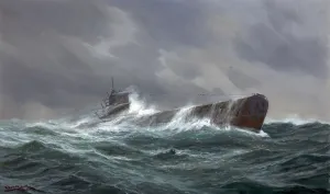 World War II Print: German U-boat on Surface in Choppy Sea