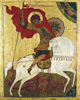 Icon - Novgorod School, 15th century. St George killing the dragon. Tritiakov Gallery Icon - Novgorod School, 15th century. St George killing the dragon. Tritiakov Gallery