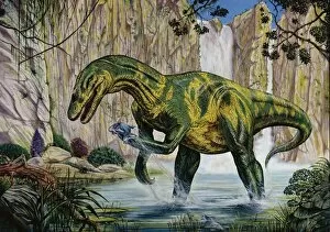 Illustration of Baryonyx catching fish by waterfall