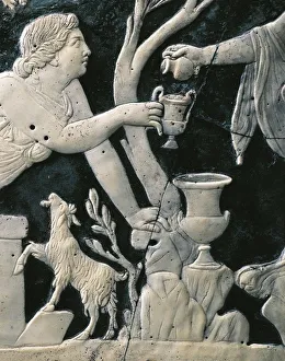 Initiation of Ariadne to Dionysian mysteries, Blue glass and white vitreous paste cameo panel, from House of F Initiation of Ariadne to Dionysian mysteries, Blue glass and white vitreous paste cameo panel, from House of F