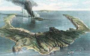 Island of Thera (Santorin) in eruption of 1866. Horseshoe shape created during cataclysmic Island of Thera (Santorin) in eruption of 1866. Horseshoe shape created during cataclysmic