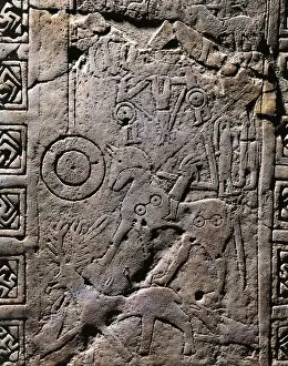 Italy, Apulia, Detail of Daunian stele, engraved hunting scene
