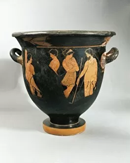 Italy, Apulia, Proto-italiotes krater (vase used to mix wine and water) depicting a farewell scene