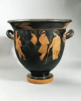 Italy, Apulia, Proto-italiotes krater (vase used to mix wine and water) depicting a farewell scene Italy, Apulia, Proto-italiotes krater (vase used to mix wine and water) depicting a farewell scene