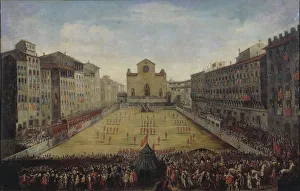 Italy, Florence, Piazza Santa Croce with Florentine football game or costume football game in 1739, painting Italy, Florence, Piazza Santa Croce with Florentine football game or costume football game in 1739, painting