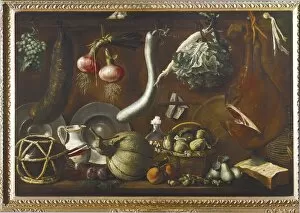 Italy, Sideboard with Crockery, Fruit, Vegetables, Sausage and ham